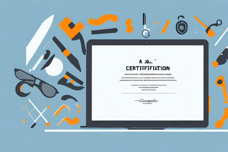 A laptop with a certificate of completion next to it