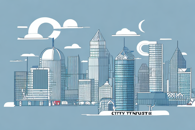 A city skyline with a building in the center representing a training center