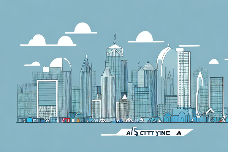 A city skyline with a building featuring a large a+ logo on its side