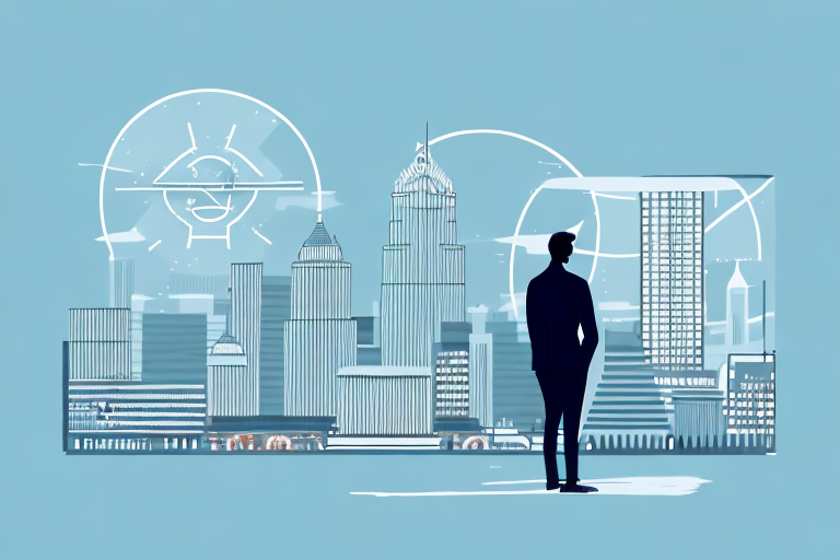 A city skyline with a silhouette of a person standing in front of a building with a ccnp certification logo