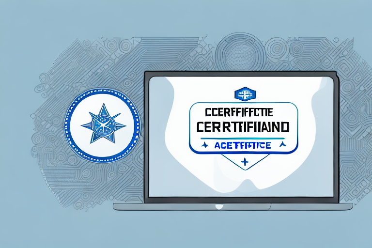 A computer and a laptop with a certification badge in the center